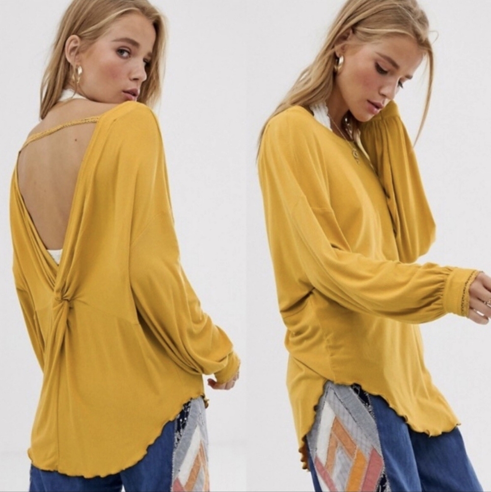 FREE PEOPLE Shimmy Shake Open Back Long Sleeve Top Mustard Yellow Sz Medium